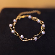 สร้อยข้อมือมุกน้ำเค็มธรรมชาติ 18K ทองสองชั้น ประดับเพชรเต็มท้องฟ้า แสงสีเข้ม สร้อยข้อมือแบบชั้นใน