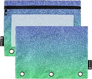 RPLIFE Navy Green Glitter Zippered 3 Hole Binder Pouch Waterproof Zipper Pencil Pouches, Large Penci