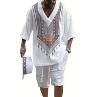 European American 3D Printed Casual Knitted Shorts Men Summer Loose Short Sleeve Loose Large v-Neck 