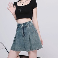 Korean Casual High Waisted Pleated Denim Shorts For Women Spring Summer Baggy Jeans Shorts Y2k A-Li