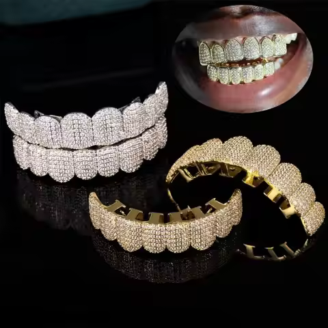 Hip Hop Teeth Grillz Set Removable Design Top & Bottom Set Hiphop Teeth Grillz Rhinestone Hollow Cha