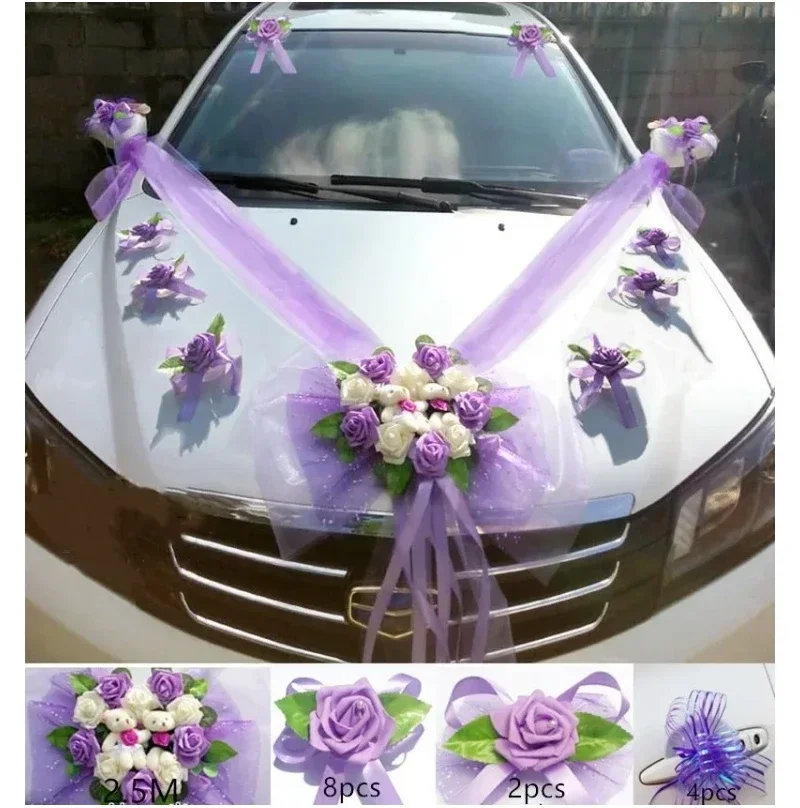 1PCS Wedding Car Flower Decoration Romantic Rose Wedding Car Decoration Artificial Flower Ribbon Bow Flower Wedding