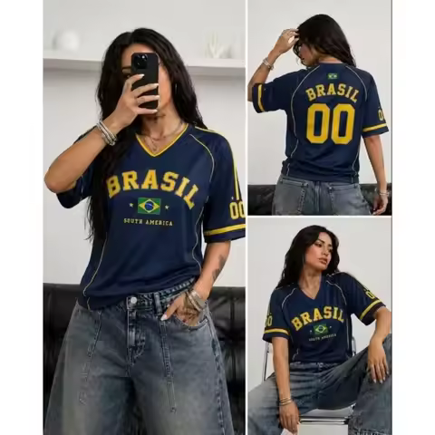 Women Brasil 00 Soccer Jersey Retro V-Neck Short Sleeve Breathable Mesh Loose Fit Y2K Streetwear Cas