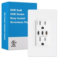 GaN 65W 3-Port USB Wall Outlet, 15 Amp Bekas Tahan Tamper dengan 3 USB Jenis C Port, Pengecas USB un