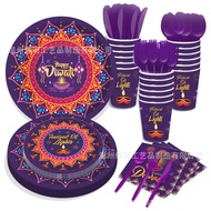 Ready Stock Happy Diwali Theme Disposable Paper Plate Paper Cup Banner Napkin Tableware Set for Diwali Festival of Lights Party Decoration