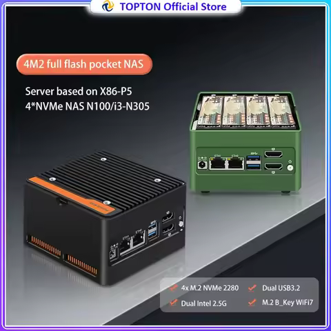 Topton 6-Bay Pocket Mini PC Intel I3 N305 N150 N100 Firewall NAS Computer 4xM.2 NVMe 2xSATA3.0 DDR5 