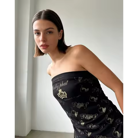 Y2K Baby Phat Crown Print Tube Top Women Black Gold Rhinestone Slim Fit Side Tie Top