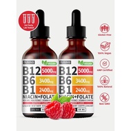 Vitamin B12 Raspberry Liquid Drops with B6, B1, Niacin & Folate - Edible Support for Energy, Brain &