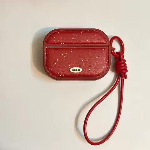 Magnetic Anti-fall Red Leather Earphone Case with Lanyard for Airpods Pro, Pro2, Pro3, Airpods 2, 1,