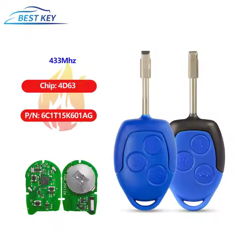 BEST KEY 3 Button Car Remote Key 4D63 Chip 433Mhz P/N: 6C1T15K601AG Blue/Black Blade for Ford Transi