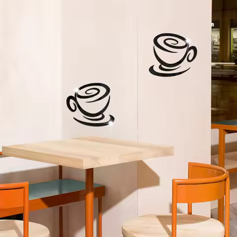 A pair of coffee cups 3D art mirror surface Acrylic Detachable wall stickers DIY Kitchen High-end Re