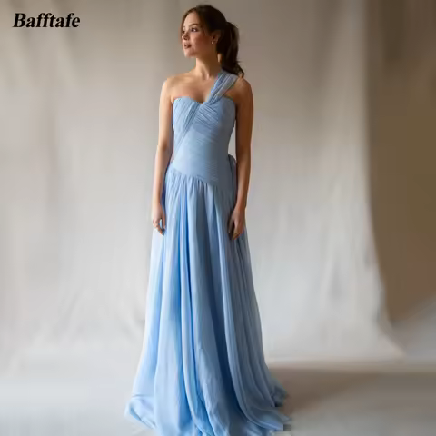 Bafftafe Blue Chiffon Long Prom Dresses Customized Pleated Sweetheart Formal Party Evening Gowns Gar