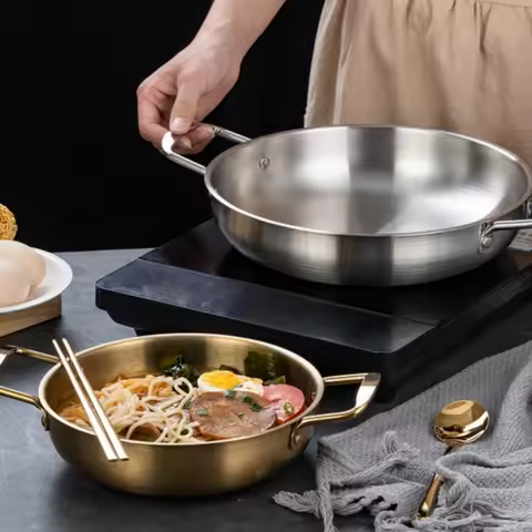 Japanese Silver Gold Stainless Steel Double Handle Noodle Soup Cooking Pot Mini Hot Pot 18-26CM