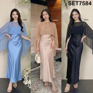 SET7584 Leanor 2in1 Silky Dress with Scarf Outer Women's Bodycon/ Dress with Outer 2 piece set women