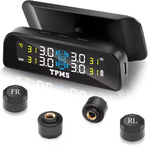Tire Pressure Monitoring System with Solar Charge LCD Display Real TimeTPMS with 4 External Sensors 