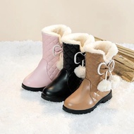 Girls Snow Boots with Bow Kids Warm Boots with Fur Plush 2024 Winter New Fashion Children Princess B