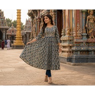 iShopINDIA Women Anarkali Set 3pc Ajrakh Geometric Print Rayon Cotton Kurta Ethnic Wear Indigo Blue
