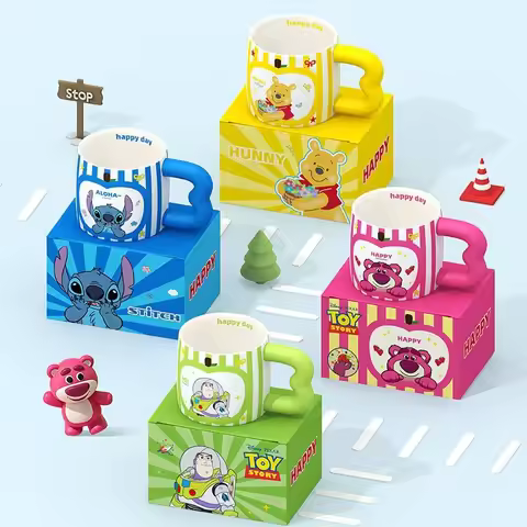 Cartoon Mickey Striped Ceramic Mug Cute Stitch Couple Water Cup High-quality Household Mugs Lotso Of