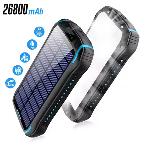 Solar Power Bank 26800mAh Waterproof Portable 3.1A Fast Charging Poverbank Solar Panel Charger Power