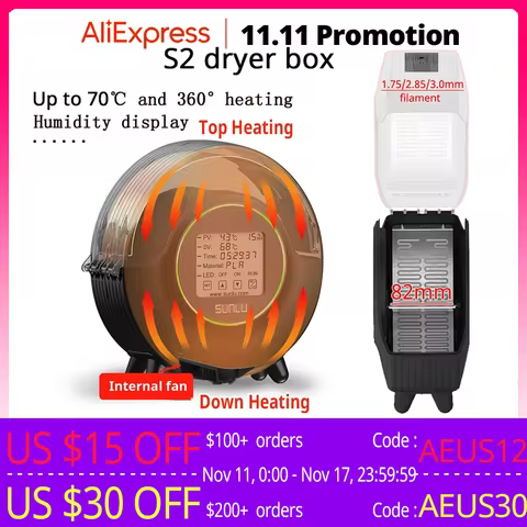 SUNLU S2 Dryer Box With Fan Upgrade 3D Filament Dry Box 82mm MAX70℃ 360° Heating Humidity Display LE