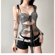 Klalien 2024 New Women's Spicy Girl Fried Street Instagram Silver Sequin Suspended Tank Top with Hol