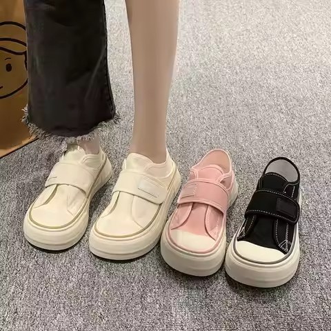 Mango Head Canvas Shoes with Magic Tape Soft Bottom Two-Way Wear Cotton Black Low-Top Anti-Odor Kore