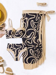 Conjunto De Bikini Impreso Para Mujer Con Patrón De Rayas, Vestido De Playa Con Falda Encubierta Traje De Baño Para Verano