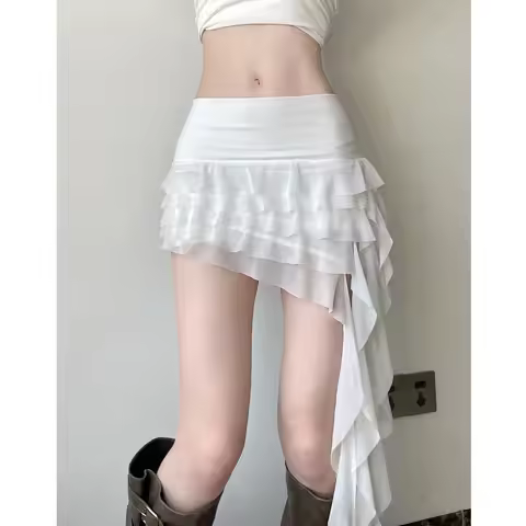 2025 Summer Women's Holiday Sle Asymmetrical Ruffle Hem ort Skirt Layered Me Pure Desire Belted Midi