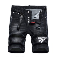 DSQUARED2ยี่ห้อผู้ชายกางเกงขาสั้นผ้ายีนส์บุรุษแฟชั่นสลิมฟิตยืดหยุ่น DSQ พิมพ์สีดำกางเกงยีนส์สั้นฮิปฮ