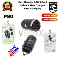 Philips P90 Car Charger Adapter 2 Port USB A + USB C Car Charger Adapter 38W Super Fast Charging [SR