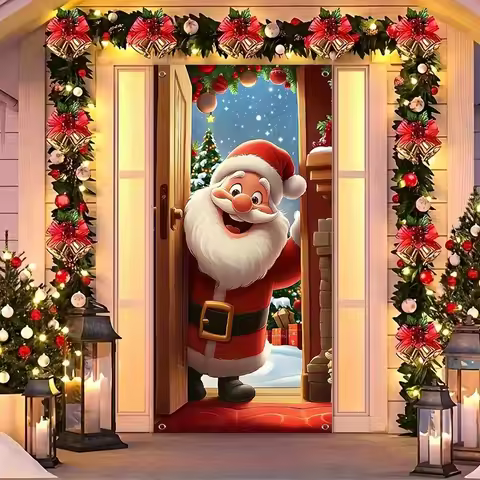 2D door banner, 1 piece, 2D cartoon Santa Claus door decoration with self-adhesive background, holid