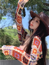 KaylaGo bohemia stylish design checked summer long sleeve knit crochet crop top knitted cardigan bea