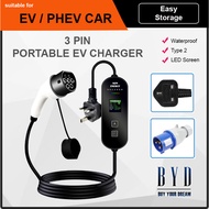[READY STOCK] EV PHEV Car Portable Charger Type 2 LED Screen Waterproof 16A 13A 10A 8A 3 pin UK Sock