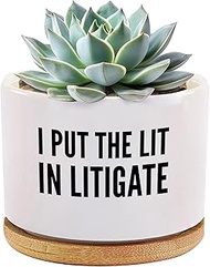 I Put The Lit in Litigate Ceramic Succulent Plant Pot with Bamboo Tray Round Lawyer Gifts to Attorne