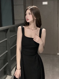 Váy hai dây đen dáng chữ A nhún eo che bụng phong cách Hàn [V2D]