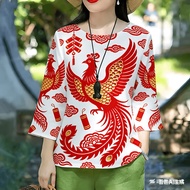 Women's t-shirts for lunar new year, floral print t-shirts, women's clothing, short tops, 3/4 length