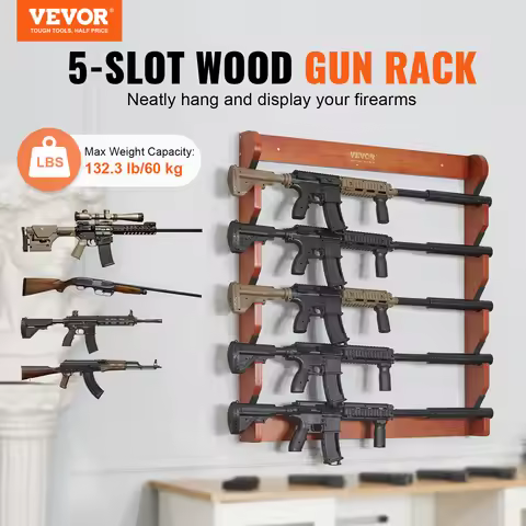 SucceBuy Gun Rack Wood Gun Rack Wall Mount Gun Display Rack holds 4/5Rifles Shotguns 132lbs Heavy Du