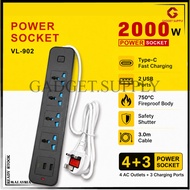 ⚡【READY STOCK】VL-902 Power Socket 2000W | 4+3 Extension Plug | Type-C USB Fast Charging