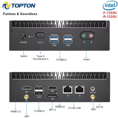 13th Gen Intel i7 1355U i5 1335U Fanless Mini PC 2*2.5G LAN PCIE4.0 DDR4 Tunderbolt 4 eGPU Desktop P