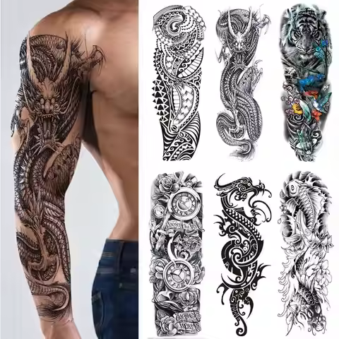 Men's Temporary Tattoos Large Arm Sleeve Tattoo Sticker Dragon Tiger Fish Full Skull Totem Wolf Wate