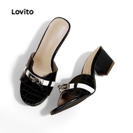 Lovito Elegant Heels Light Luxury Metal Buckle All Seasons Black Heels for Women LFA85027 Lovito Hel