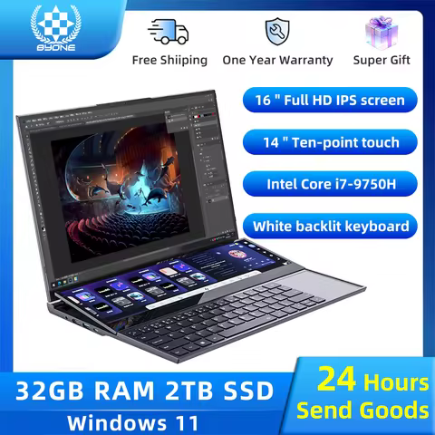 BYONE Dual Screen Gaming Laptop Intel Core i7 9750H 16 inch +14 Inch Touch Screen Laptop 16GB 32GB R