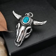 Stainless Steel Bull Head Inlay Turquoise Stone Pendant.