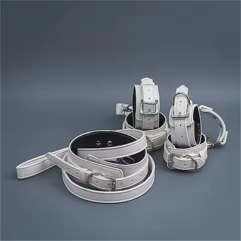 White Bondage Set Restraints Kit Leather Bondage Handcuffs Ankle Cuffs Collar and Leash Gear Kit Pad