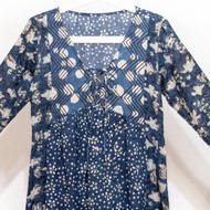 藍染木刻印純棉拼布洋裝 印度棉有機棉 手工蓋印長袖長裙-花朵藍