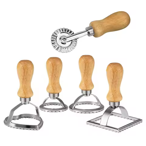 Manual Pasta Ravioli Stamp Maker dought Cutter Roller Wheel Stainless Steel Sharp Blade Wood Handle 