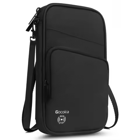 Multi Pocket Passport Bag Travel Wallet with Shoulder Strap-Family Passport Holder of 5, RFID Blocki