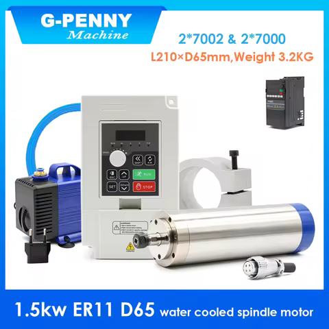 G-Penny 1.5kw 110V/220v Water Cooled CNC Spindle Motor Kit ER11 65mm 4 Bearings & Inverter & Bracket