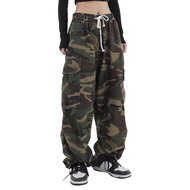 Women Cargo Pants Elastic Waist Adjustable Drawstring Loose Fit Casual Trousers with Big Pockets Lei