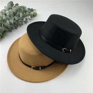 Retro Wide Brim Fedora Hat For Womwn Man Jazz Cap Women Boater Flat Top Hats Belt Buckle Decorated B